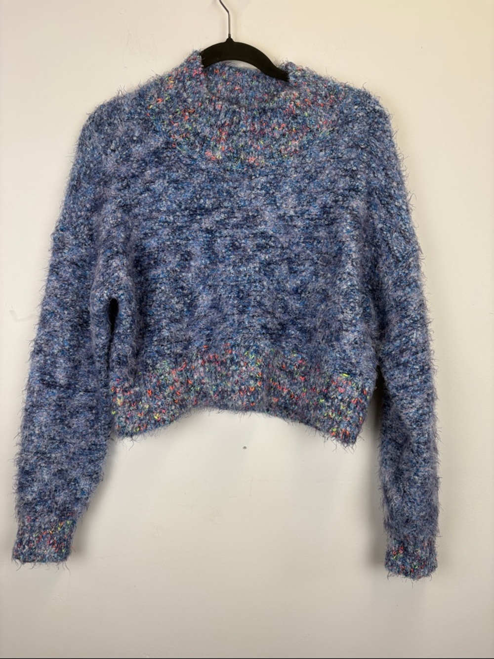 Free People Fuzzy Cropped Sweater Blue Confetti Knit Cozy Pullover overSize XS